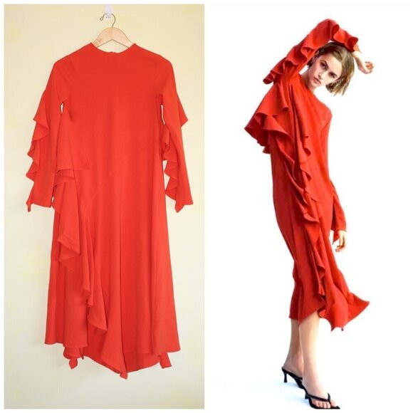 ZARA Hot Chile Ruffle Midi Dress size Small Orange Long Sleeves Pull over - Picture 1 of 9